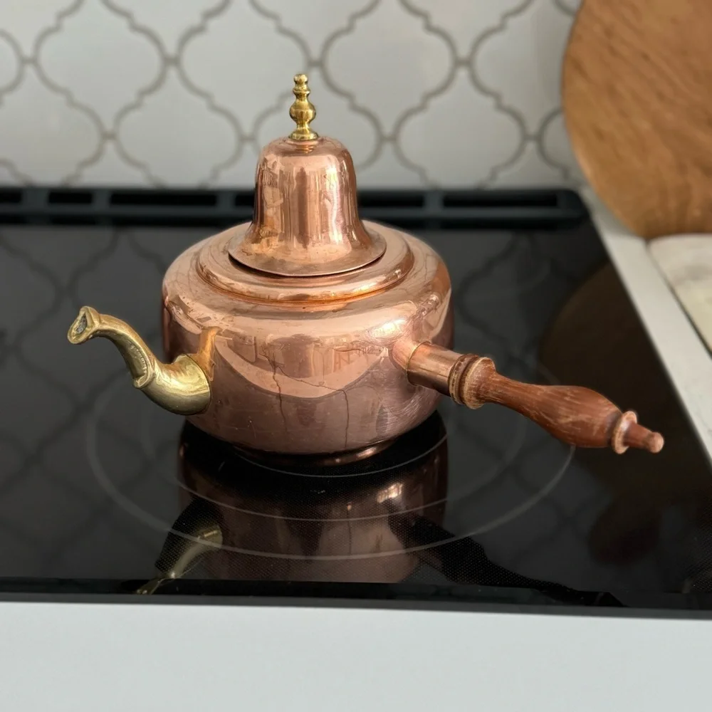Vintage Copper Coffee  Pot With Side Wooden Handle bell on Top  Mexico